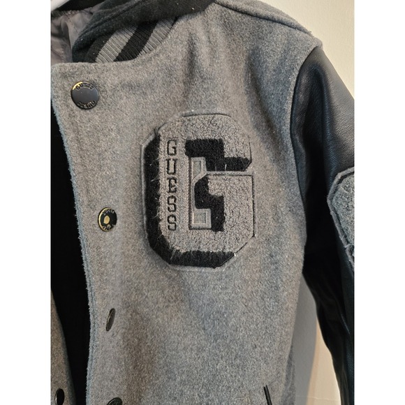 GUESS Boys Youth Varsity Wool Blend Hooded Jacket Full Zip Black & Gray Size 7 - Picture 2 of 10